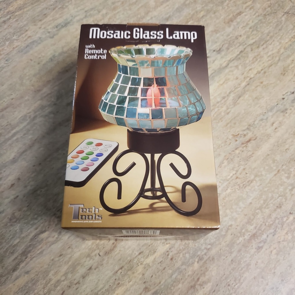 NIB Mosaic glass lamp w remote/ wrought iron stand